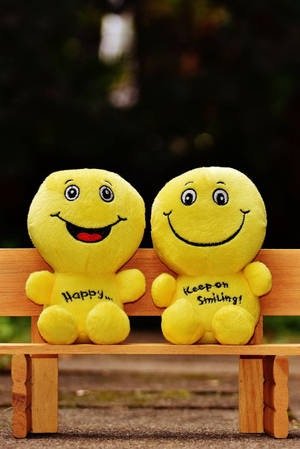 兩個黃色笑臉毛絨玩具坐在木長椅上，繡有 happy 和 keep on smiling 訊息