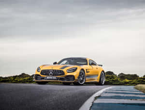 黃色 Mercedes-AMG GT R 在賽道上，有綠色灌木和陰天。 — 汽車 壁紙