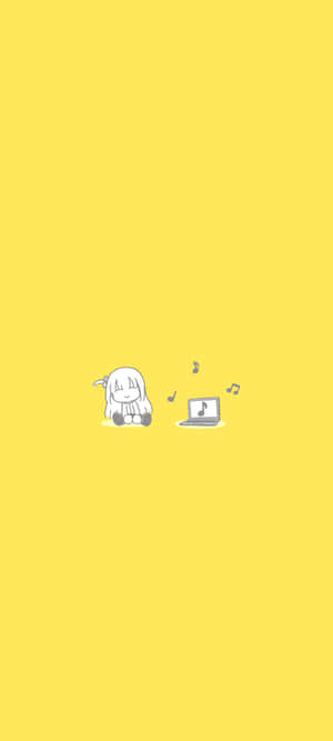 動漫女孩在黃色背景的筆記型電腦上聽音樂