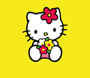 Hello Kitty 喺黃色背景上手持一束色彩繽紛嘅花。