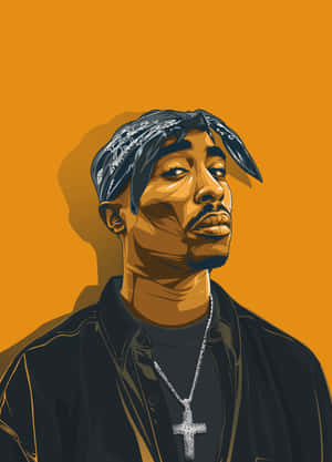 Tupac Shakur戴著頭巾和十字架項鍊，背景為橙色。