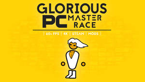 Gaming PC Master Race 標誌，帶有卡通人物和規格，黃色背景