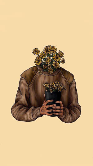 花頭人穿著毛衣拿著盆栽花束。