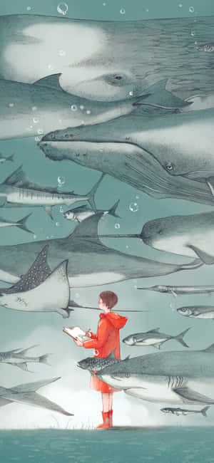 穿紅外套的孩子在水下繪畫海洋生物，周圍有鯨魚、鯊魚和魚類。