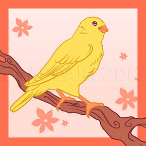 黃色卡通鳥在樹枝上與粉紅色花朵 — 鳥 壁紙