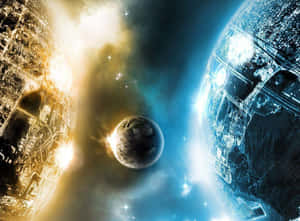 兩艘死星太空船在一個充滿活力的宇宙場景中框住一個小行星。 — 太空 壁紙