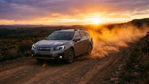 銀色 Subaru SUV 在日落時分於泥路上行駛，塵土飛揚