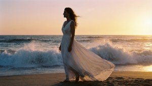 身穿白色連衣裙的女性在金色夕陽和拍打的海浪中走在沙灘上。