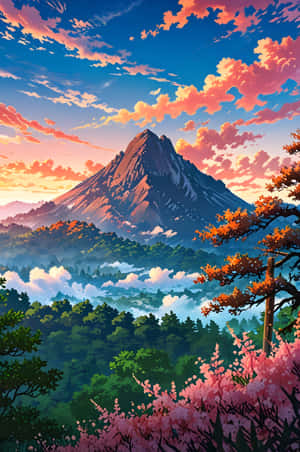 粉紅色的櫻花框住了日落時分雪山聳立在綠色森林之上的景色。 — 森林 壁紙