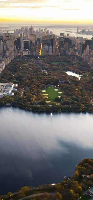 日落時分的中央公園，秋天的樹木和城市天際線倒映在水中。 — Huawei 壁紙