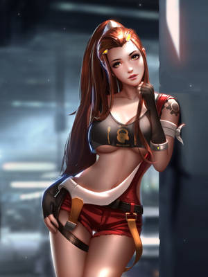 動漫女性穿著紅黑服裝，在賽博龐克環境中倚靠柱子。