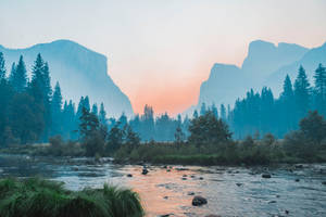 黎明時分，一條河流蜿蜒穿過森林覆蓋的山谷，背景有山巒。 — 美景 壁紙