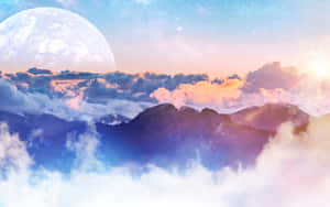 在巨大的月亮和繁星點點的黎明天空下，山峰聳立於雲層之上。 — 平板電腦 壁紙