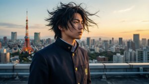 年輕男子在屋頂上面向城市天際線，夕陽下可見東京塔。
