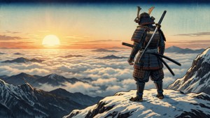 武士戰士在白雪覆蓋的山頂上日出時俯瞰雲海 — 武士 壁紙