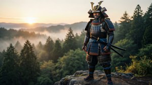 身穿全套盔甲的武士戰士，站在岩石山丘上俯瞰日出時霧氣瀰漫的森林。 — 對馬戰鬼 GIF 壁紙