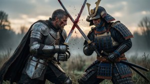 中世紀騎士和武士在黃昏的霧氣田野中進行劍鬥，鮮血飛濺。 — 榮耀戰魂 壁紙