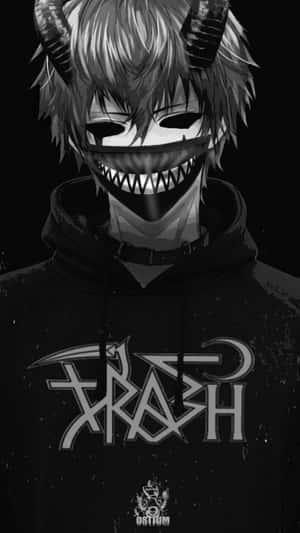 動漫惡魔，有角和尖牙，穿著黑色連帽衫，帶有 'TRASH' 標誌。
