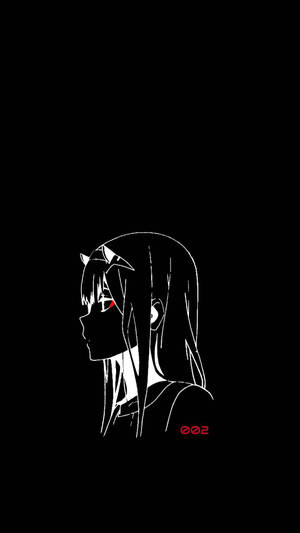 黑色背景上極簡線條動漫女孩，帶有貓耳和紅色眼睛細節