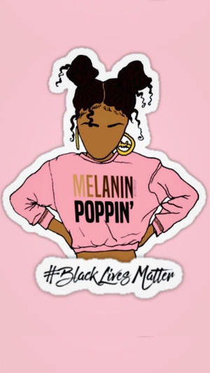 一位黑人女性穿著粉紅色「Melanin Poppin」襯衫，帶有 #BlackLivesMatter 標語的插圖。