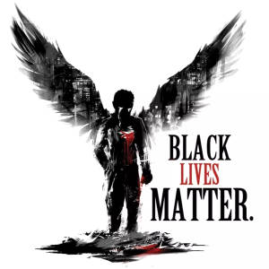 一個帶有城市翅膀和「Black Lives Matter」文字的人的剪影。