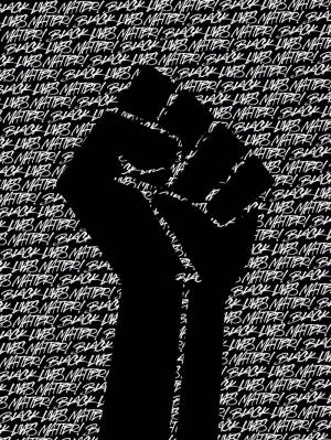 黑色舉起拳頭符號，背景為重複的 black lives matter 文字