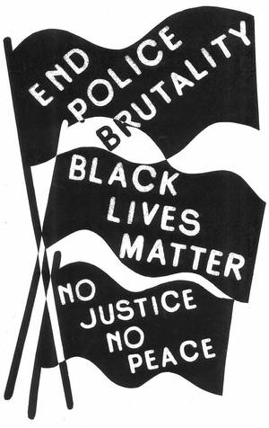 三面抗議旗幟，上面寫著「End Police Brutality Black Lives Matter No Justice No Peace」的訊息。 — 黑色動態圖 壁紙