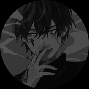 深色頭髮、臉上有三角形標記的動畫角色手持香煙。