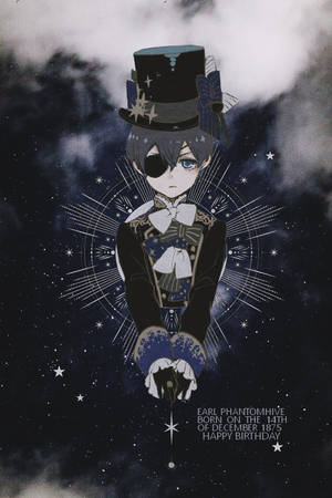 動漫角色 Earl Phantomhive 穿著正式服裝在星空漂浮，帶有生日文字。