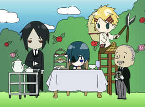 Chibi 動漫角色在戶外與玫瑰和梯子一起喝茶。 — 最黑暗地牢 壁紙