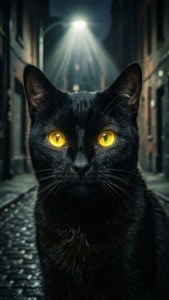 夜晚昏暗的城市小巷中，一隻黑貓有著發光的黃色眼睛。 — 黑色動態圖 壁紙