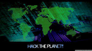 發光綠色像素世界地圖在電路板上，附有 hack the planet 文字。