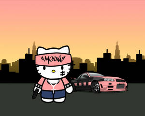穿著街頭服的Hello Kitty在日落時分的城市中站在一輛粉紅色跑車旁邊。