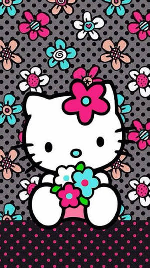 Hello Kitty 喺圓點背景上手持花朵。
