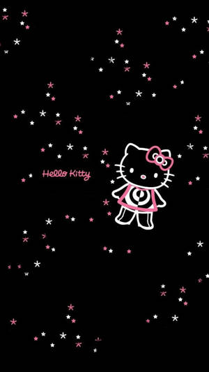 Hello Kitty 角色在黑色背景上被粉紅色和白色星星包圍。