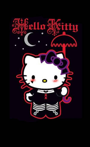 Hello Kitty 身穿哥德式吸血鬼服裝，在月亮下撐傘