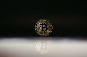 在深色表面上反射的金色比特幣硬幣。