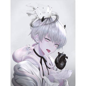 動漫角色，銀色頭髮和惡魔角，手持黑色心臟，肩膀上有一隻章魚。