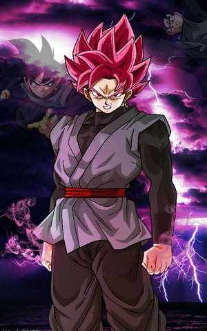 粉紅色頭髮、穿著黑色道服的動漫角色，在雷電風暴中站立。