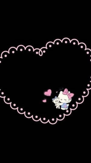 Hello Kitty 在黑色背景的粉紅色心形框架內抱著一隻小貓。 — 黑色Hello Kitty 壁紙