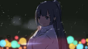夜晚城市燈光背後的雪中動漫女孩