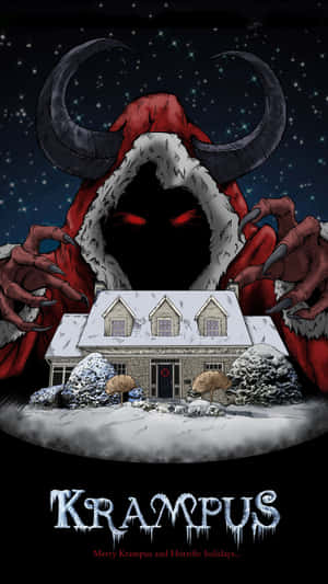 Krampus在繁星點點的夜空下，籠罩著一間被雪覆蓋的房子。