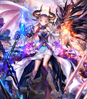 擁有發光角和雙翼的動漫女孩，在宇宙戰鬥場景中揮舞魔法武器。