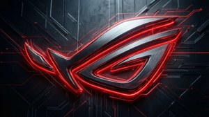 在黑暗電路板背景上發光的紅色和銀色 ROG 遊戲標誌。 — 玩家國度 壁紙
