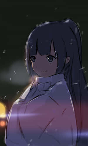 夜晚雪中動漫女孩，溫暖路燈光芒
