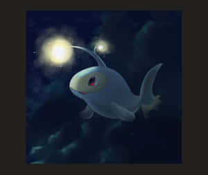 一隻發光的鯊魚狀生物在明亮的天空之光下在烏雲中游動。