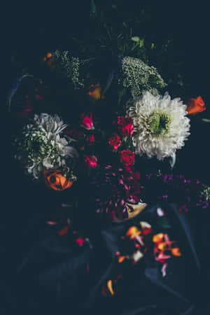 一個陰暗憂鬱的花藝佈置，包含紅色、白色和橙色花朵。 — 美麗花朵 壁紙
