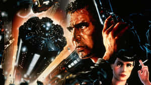 男子持槍和女子吸煙在未來城市景觀中。