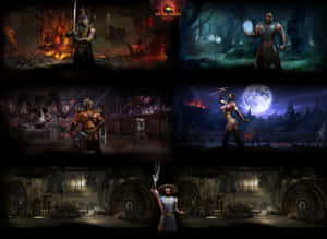 《Mortal Kombat》角色在黑暗奇幻戰鬥場景中，伴隨著火焰與月光。 — 真人快打11 壁紙