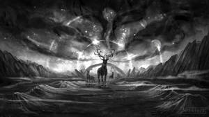 一隻神秘的鹿，發光的鹿角，站在星空下的宇宙風景中。
